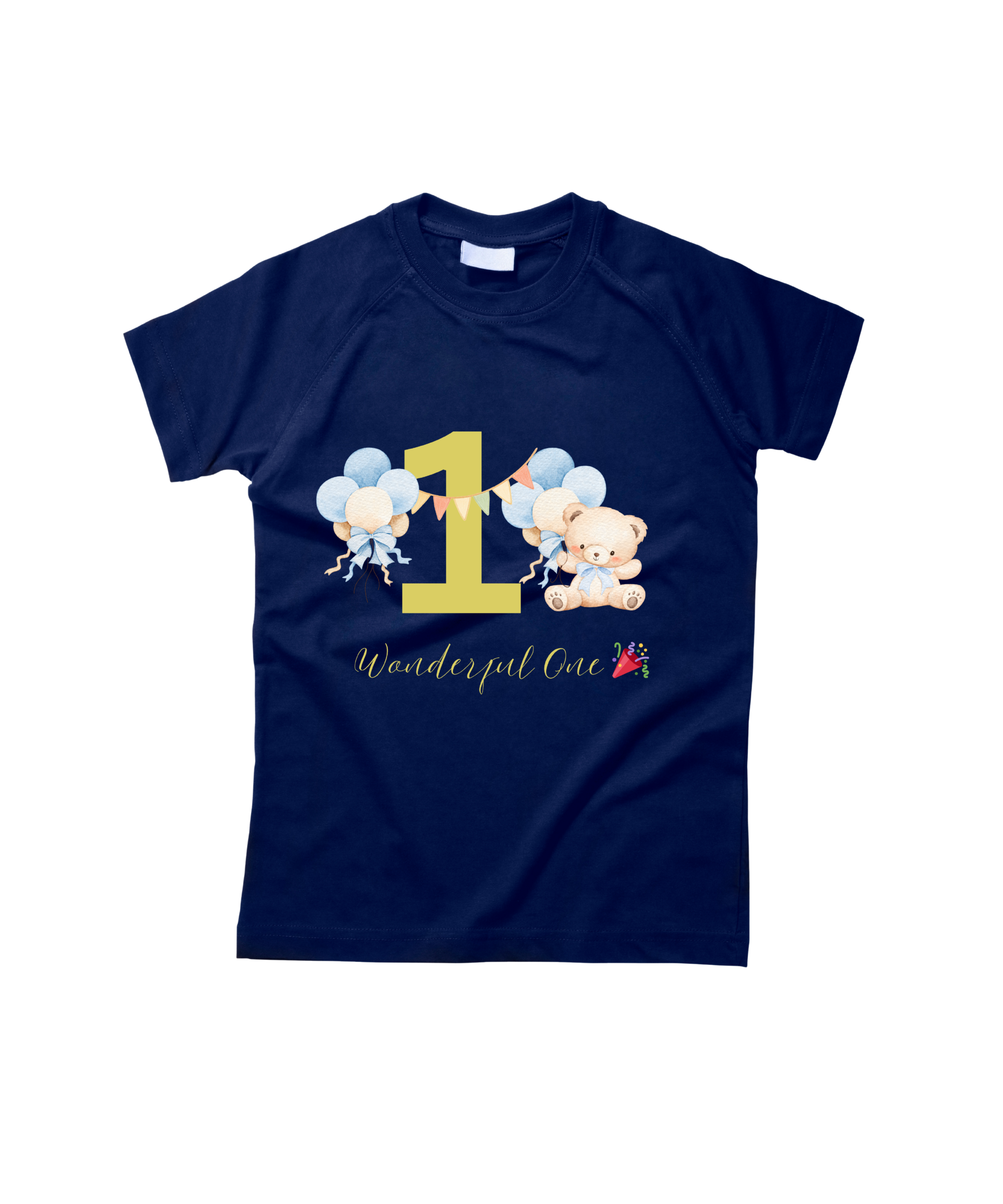 Navy blue Wonderful One Teddy bear 1st birthday graphic tee for babies by Little Scribbles