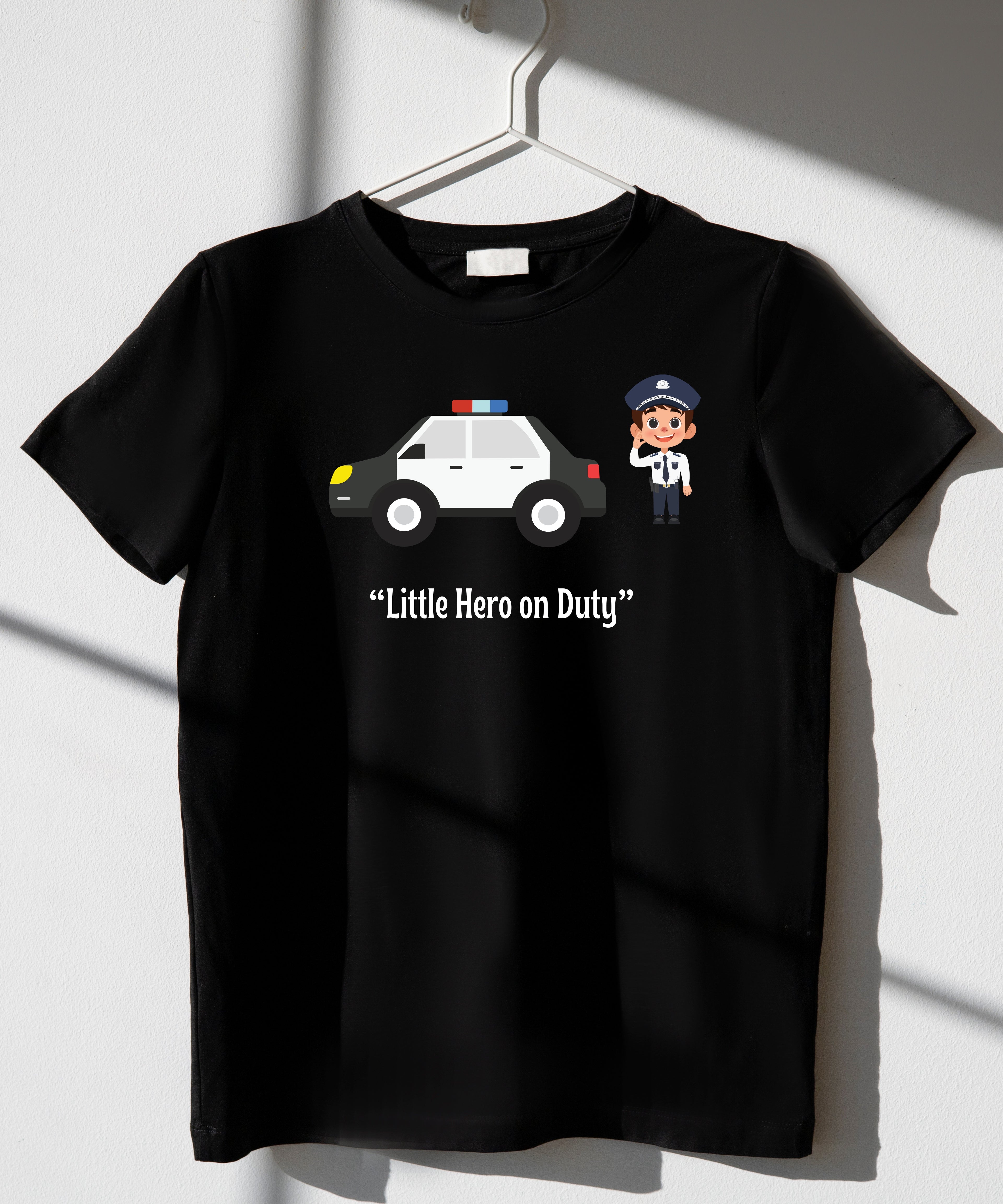 Black Little Hero on Duty bold graphic kids police theme t-shirt by Little Scribbles