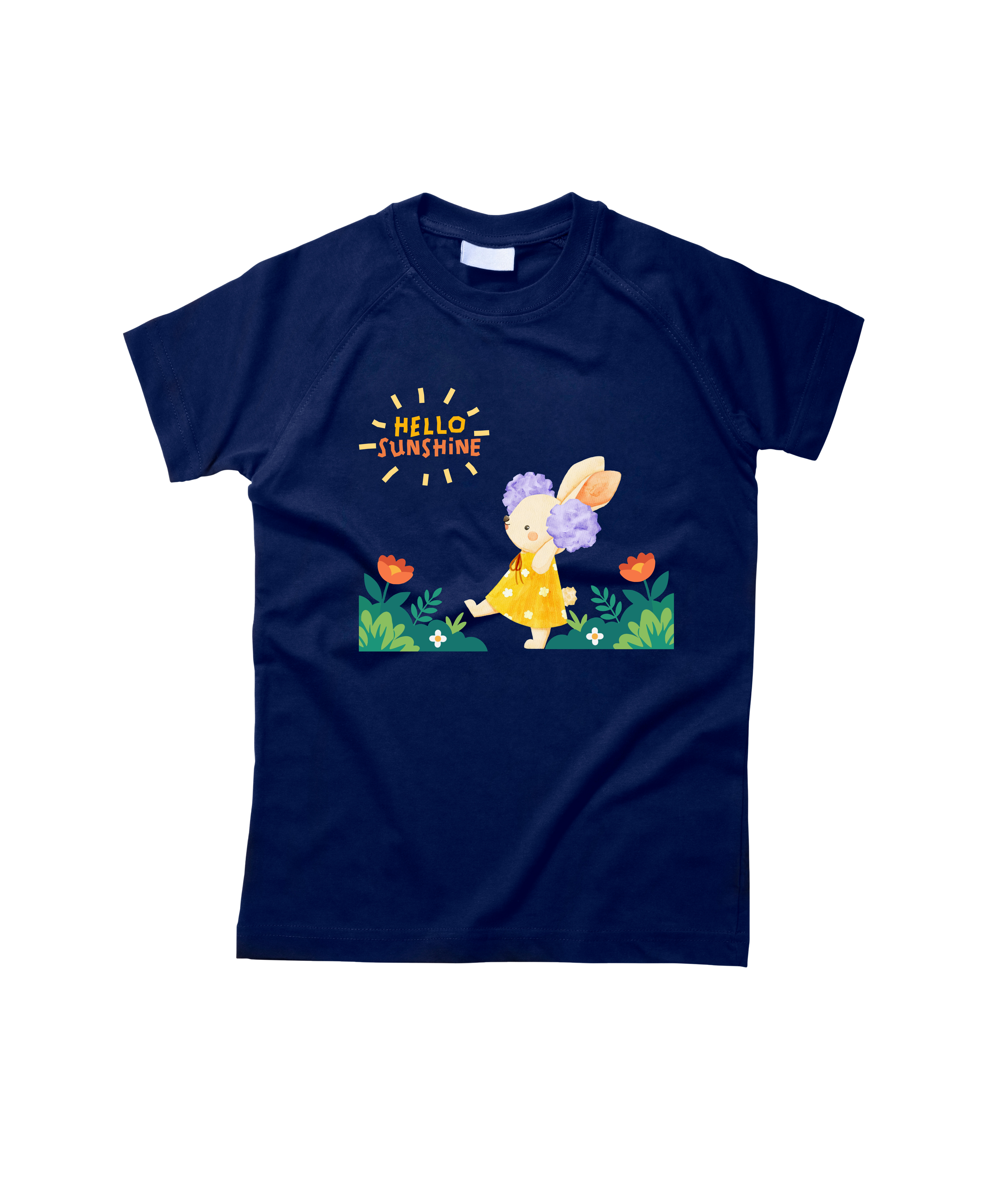 Navy blue Hello Sunshine Bunny cute floral graphic t-shirt for girls by Little Scribbles