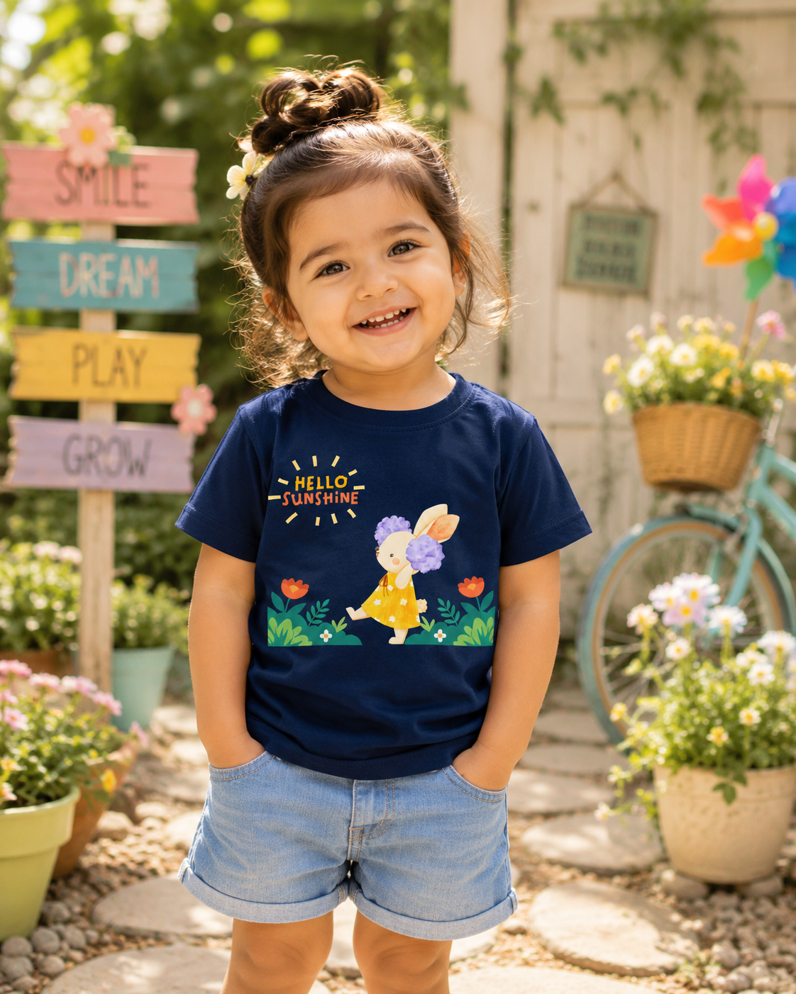 Navy blue Hello Sunshine Bunny cute floral graphic t-shirt for girls by Little Scribbles