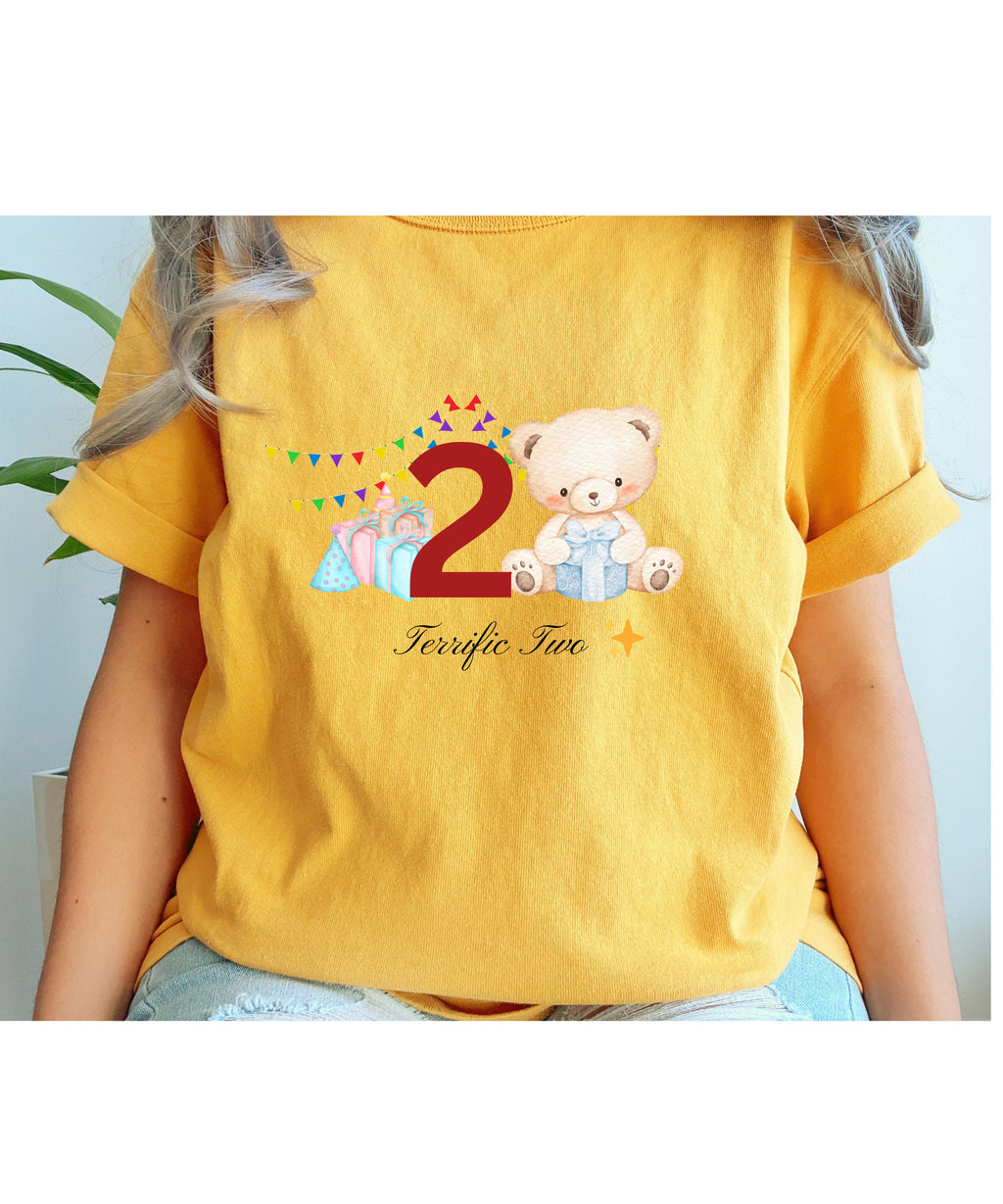 Golden yellow Terrific Two teddy bear 2nd birthday kids t-shirt by Little Scribbles