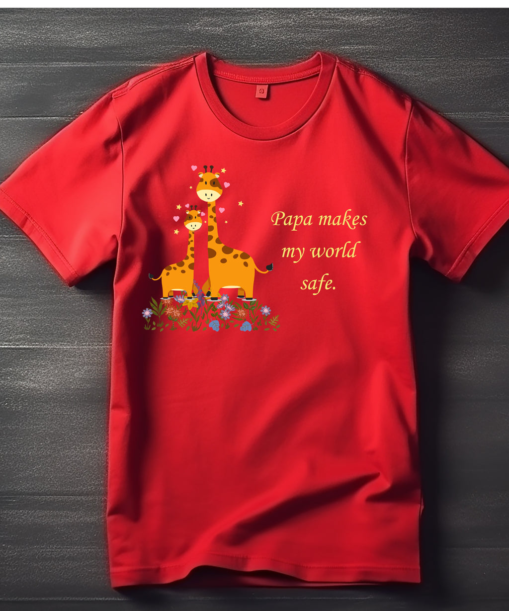 Red Papa’s Little Explorer cute giraffe papa makes my world safe graphic t-shirt by Little Scribbles