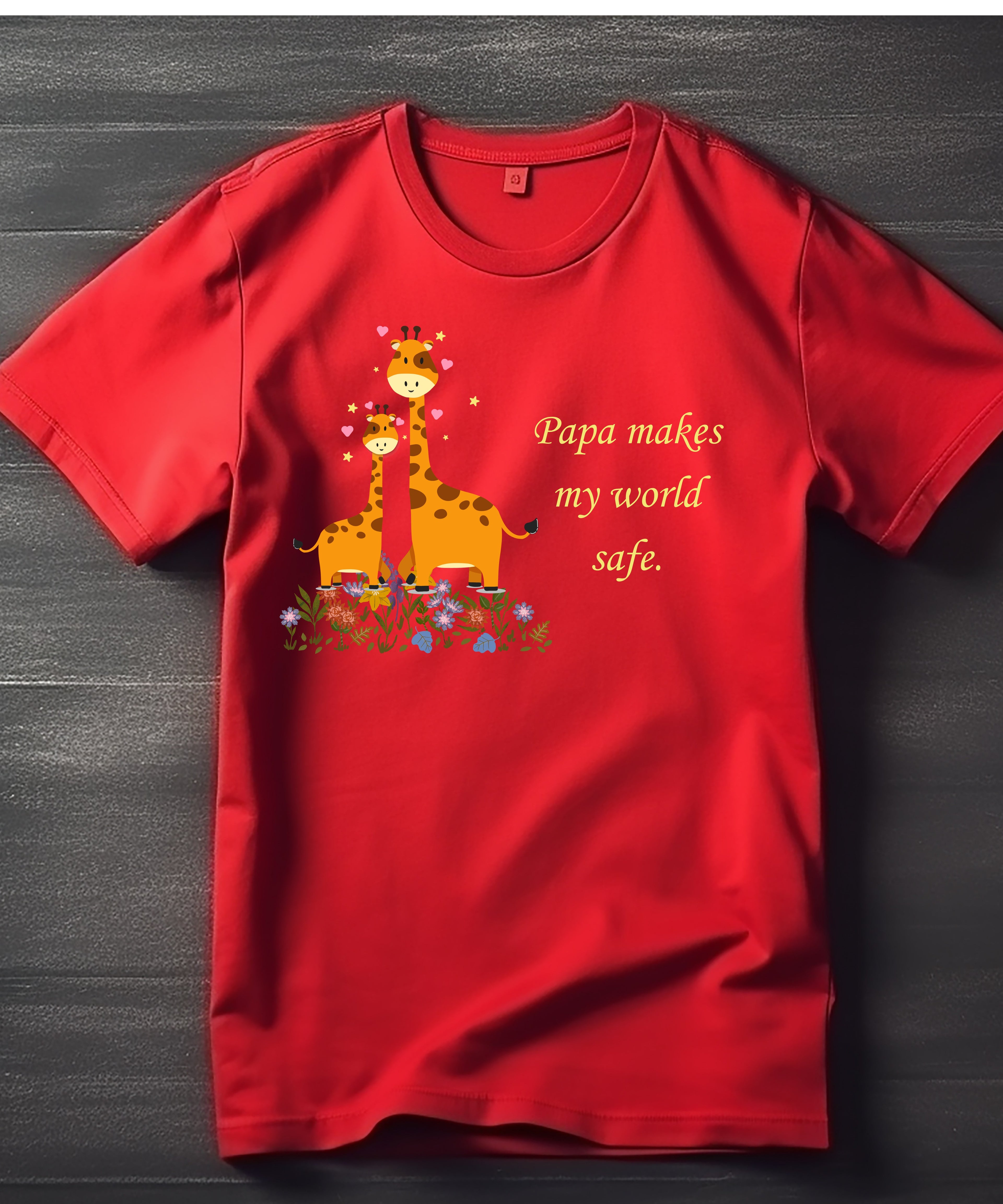 Red Papa’s Little Explorer cute giraffe papa makes my world safe graphic t-shirt by Little Scribbles