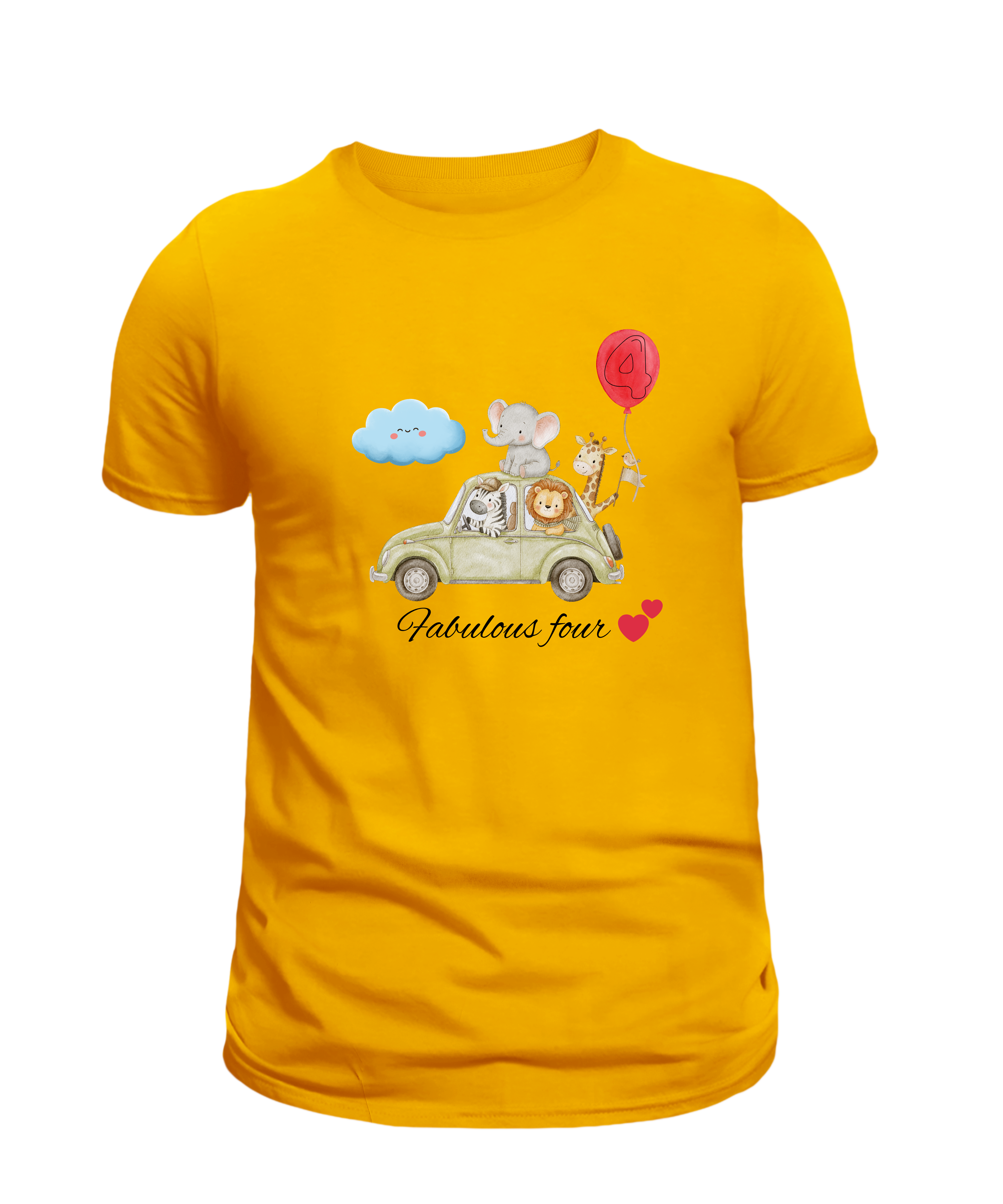 Fabulous Four cute animal graphic 4th birthday kids t-shirt in yellow by Little Scribbles