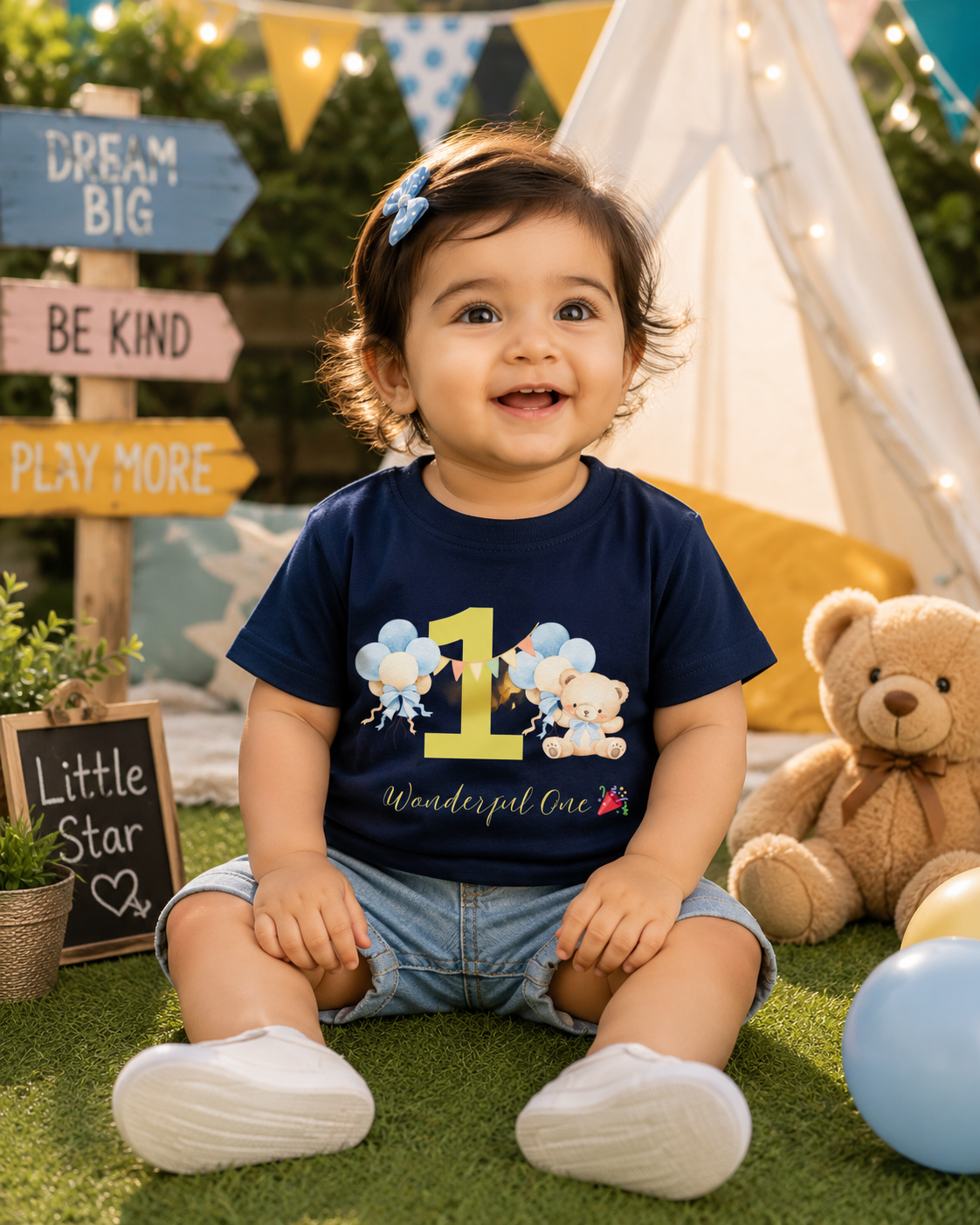 Navy blue Wonderful One Teddy bear 1st birthday graphic tee for babies by Little Scribbles