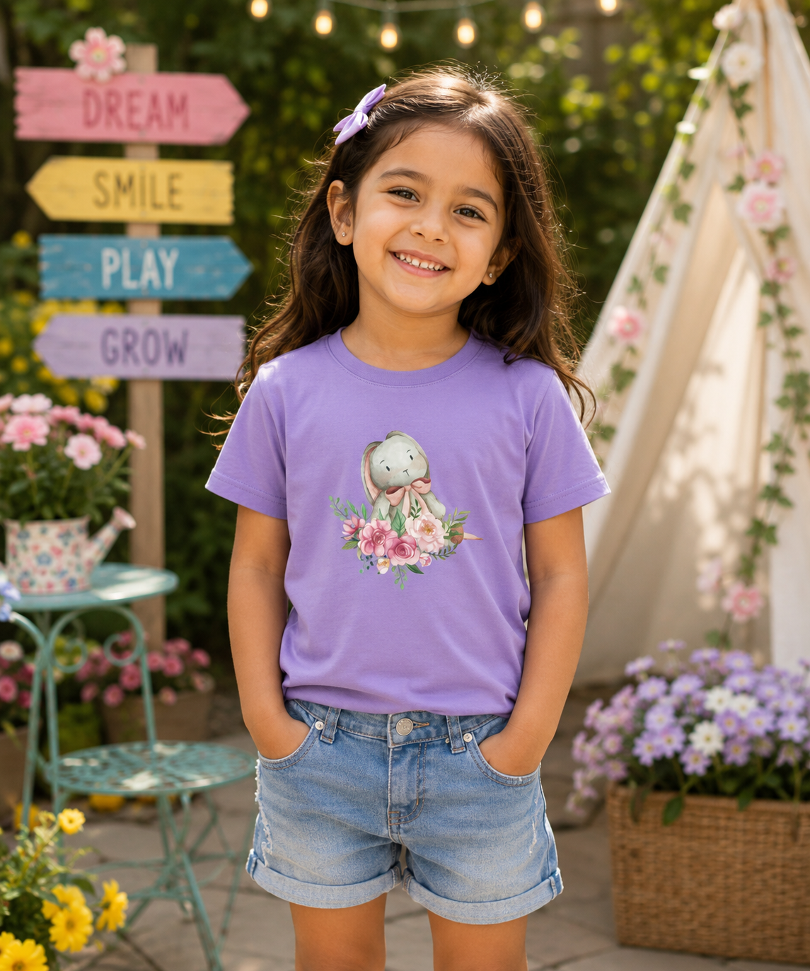 Toddler girl wearing Iris Lavender Bunny Blossom cute summer graphic tee outdoors