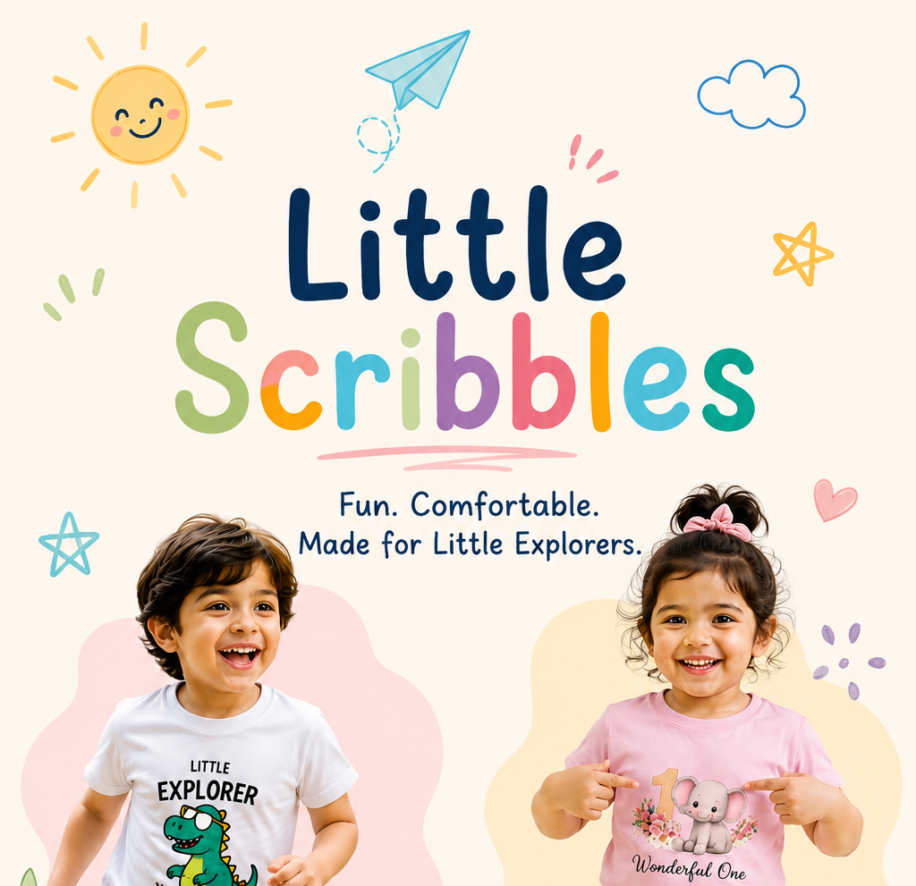 Little Scribbles custom children's graphic t-shirts with cartoon characters on a colorful background featuring a young boy wearing a Little Explorer shirt and a young girl wearing a Wonderful One shirt.