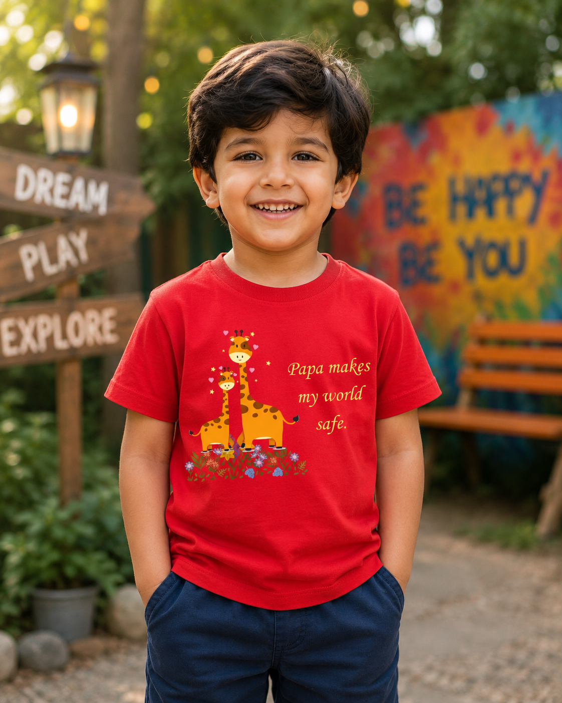 Red Papa’s Little Explorer cute giraffe papa makes my world safe graphic t-shirt by Little Scribbles
