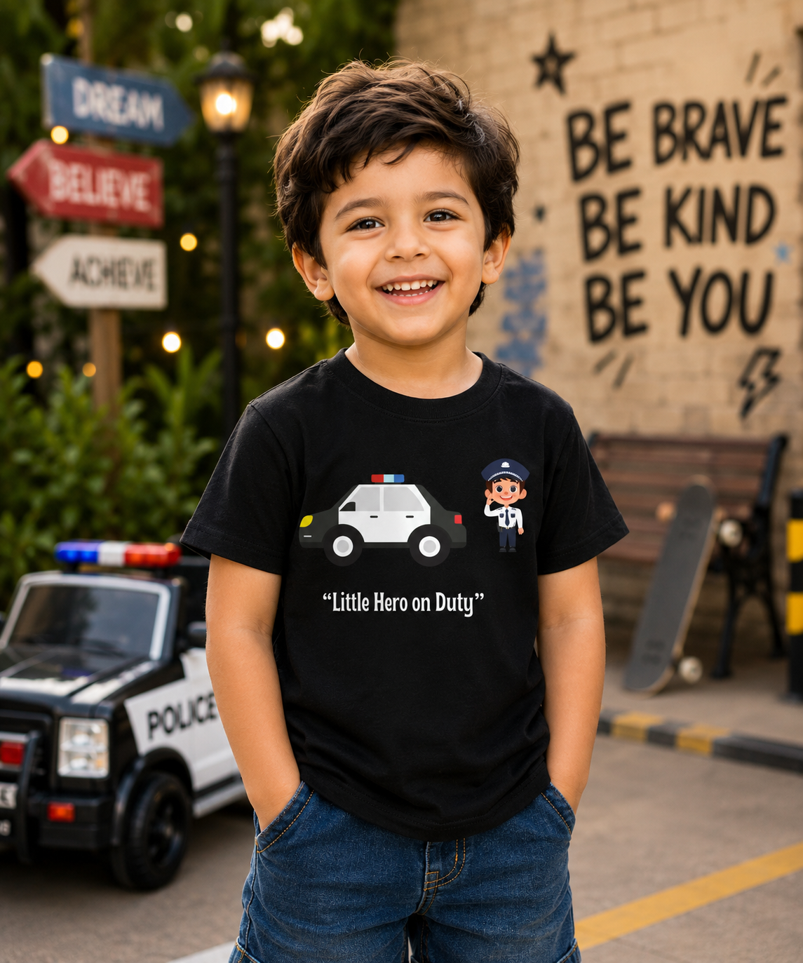 Black Little Hero on Duty bold graphic kids police theme t-shirt by Little Scribbles