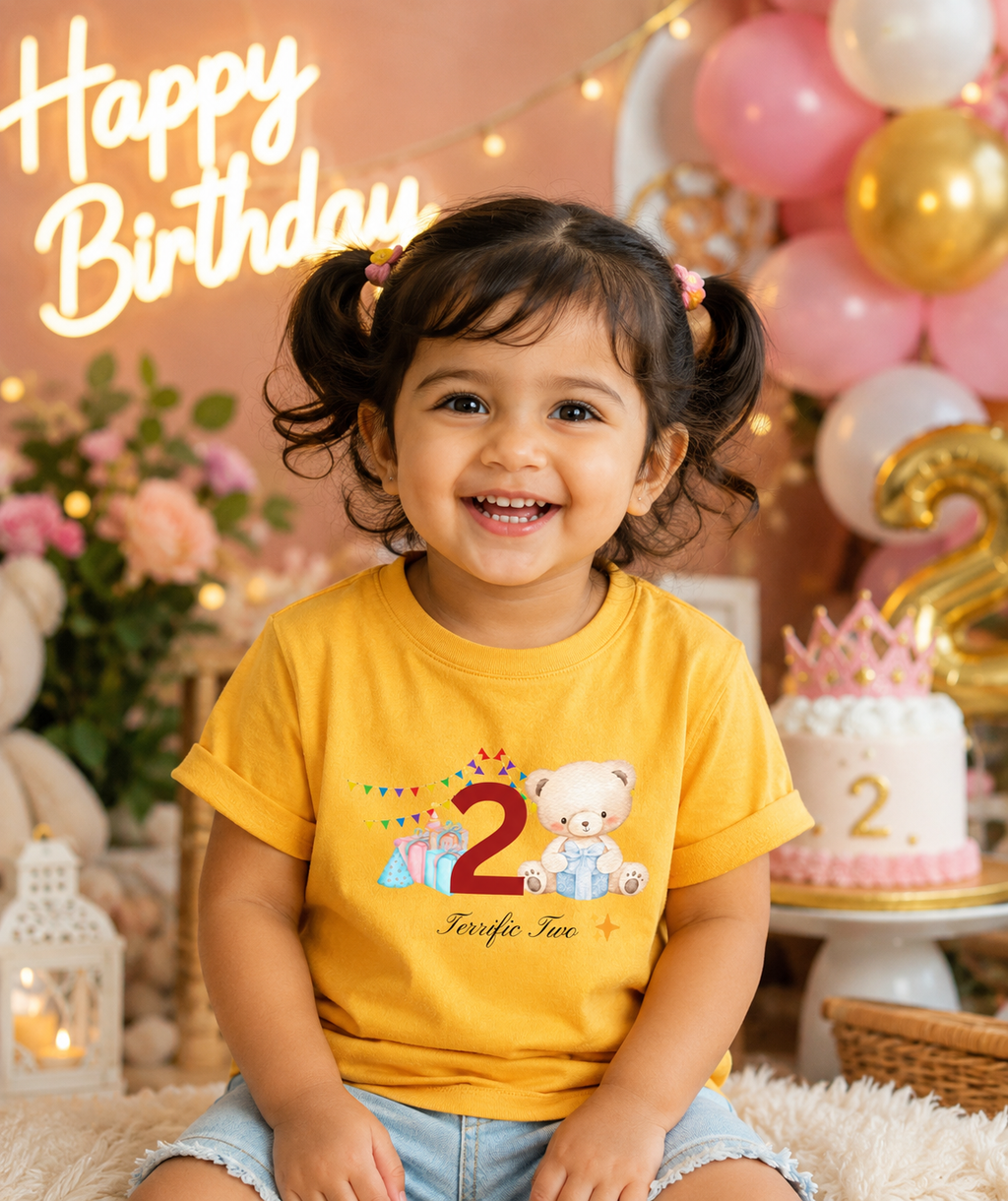 Golden yellow Terrific Two teddy bear 2nd birthday kids t-shirt by Little Scribbles