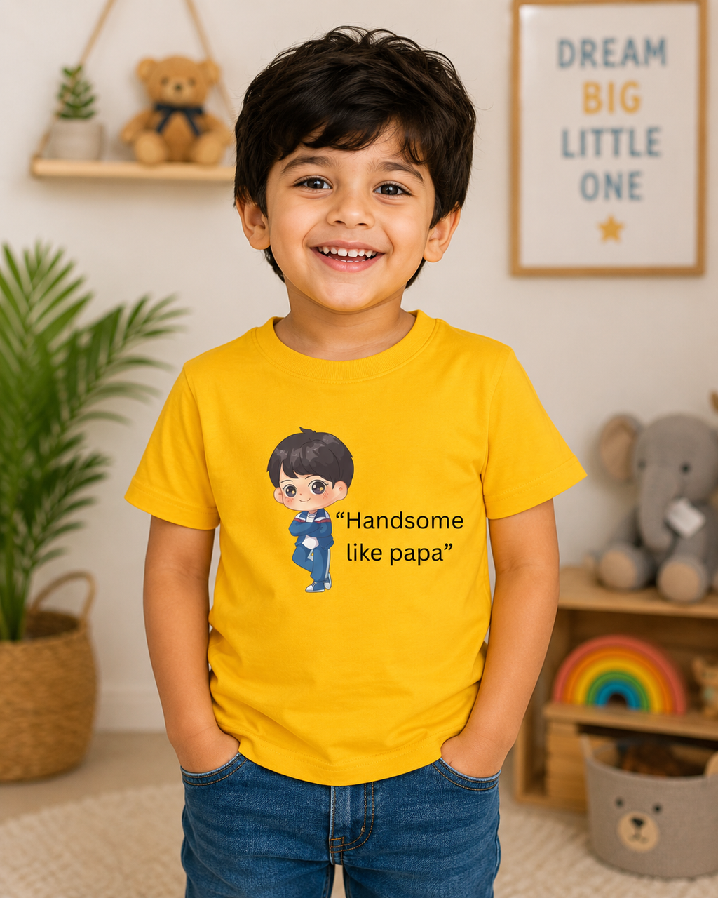 Yellow Handsome Like Papa cute cartoon character kids t-shirt by Little Scribbles