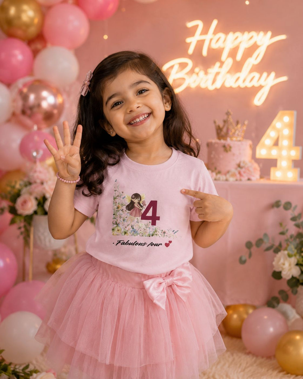 Toddler girl wearing light pink Fabulous Four fourth birthday princess tee at birthday party