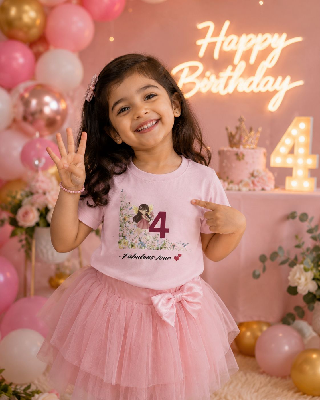 Toddler girl wearing light pink Fabulous Four fourth birthday princess tee at birthday party