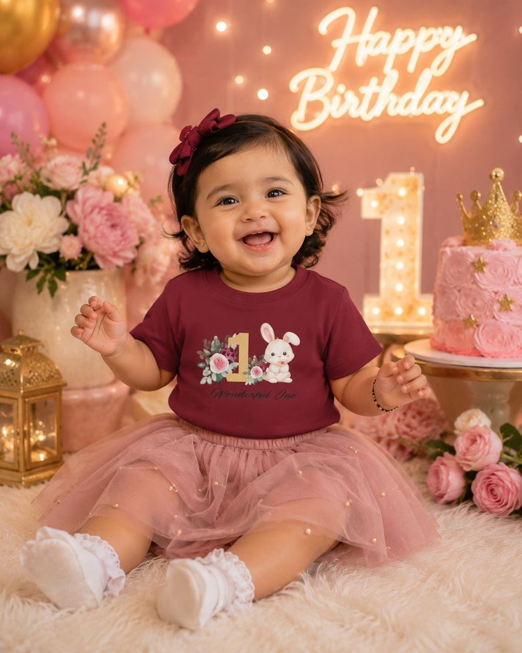 Maroon Wonderful One Bunny premium cotton 1st birthday girl t-shirt by Little Scribbles