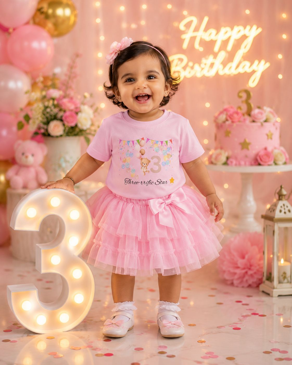 Toddler girl wearing light pink Three-rific Star third birthday princess tee at her party