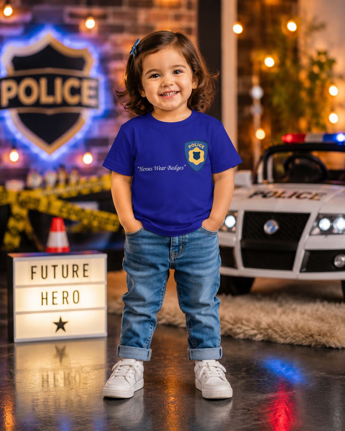 Royal blue Future Hero Police cool heroes wear badges graphic t-shirt by Little Scribbles