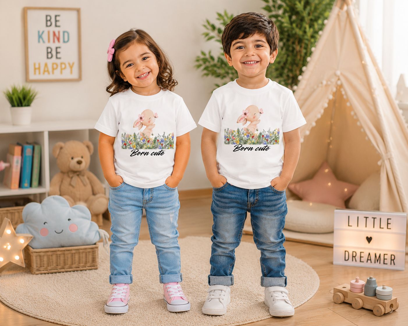 Two young children wearing white Born Cute Bunny floral graphic t-shirts outdoors