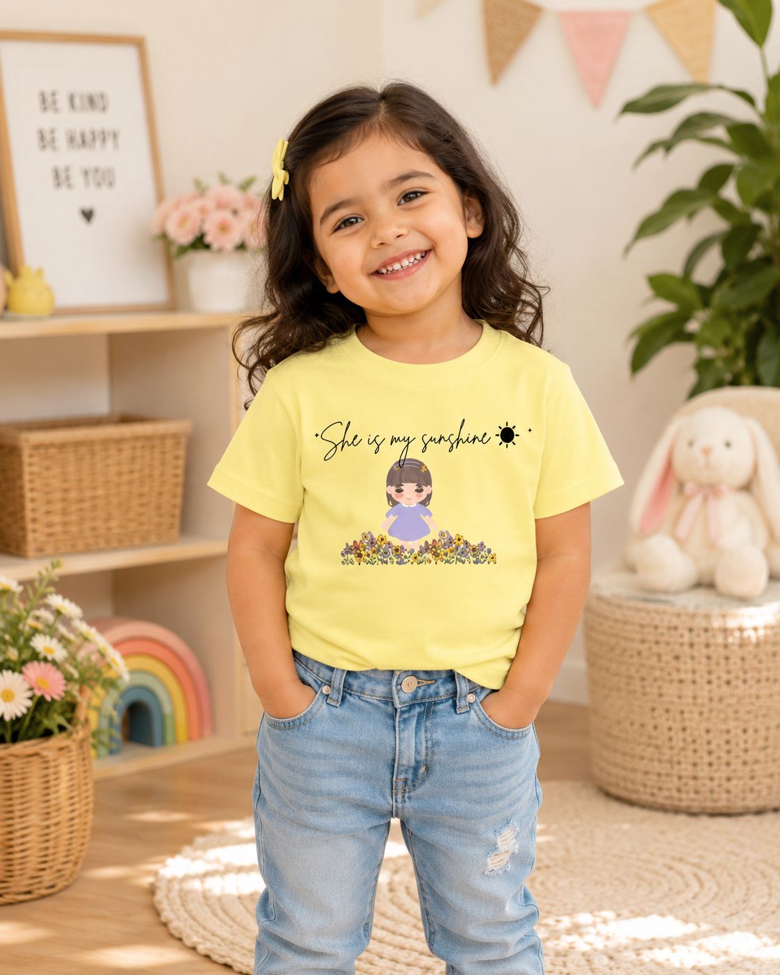 Toddler girl wearing yellow Sunshine Sparkle floral graphic t-shirt playing outside