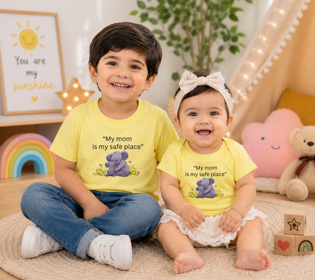 Butter yellow Mama’s Safe Place cute koala cuddle graphic t-shirt by Little Scribbles