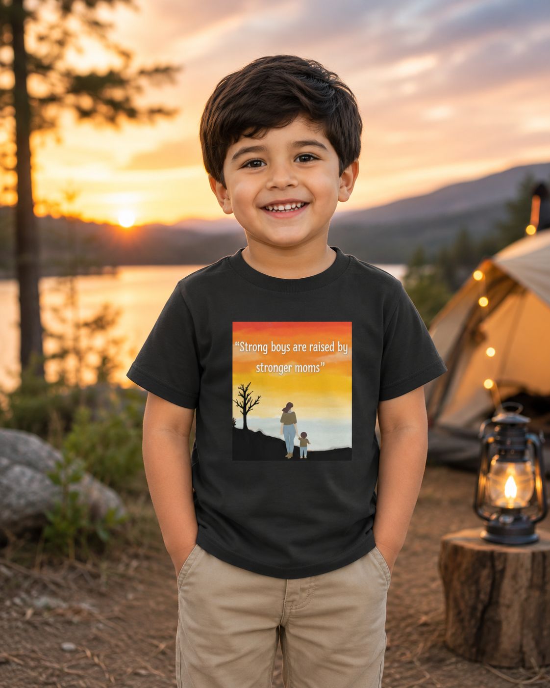 Young boy wearing black Mama's Brave Boy graphic tee standing outdoors at dusk
