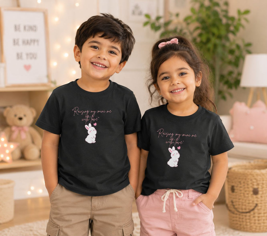 Black Mini Me Bunny cute raising my mini me with love graphic t-shirt for kids by Little Scribbles
