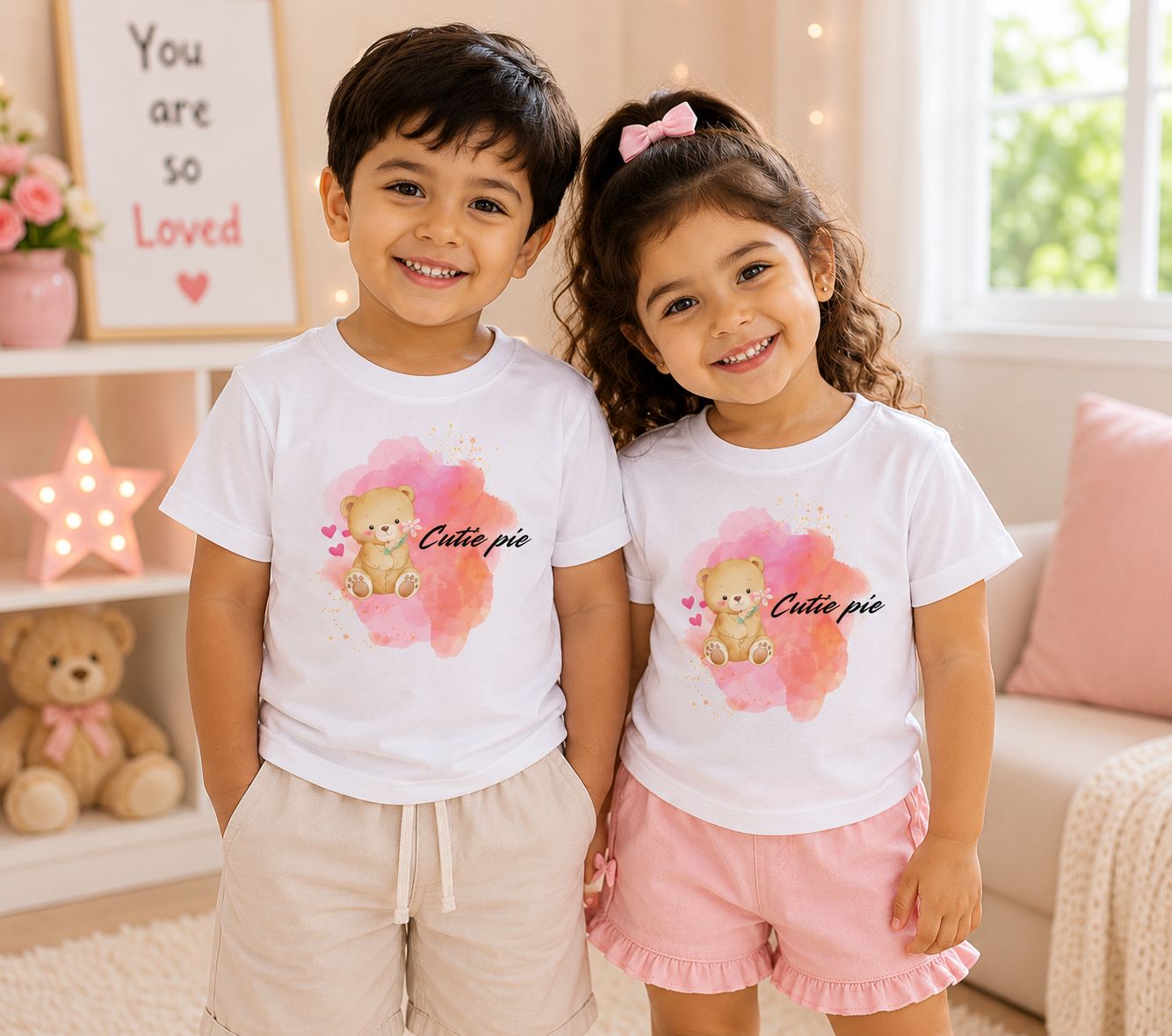 Toddler boy and girl wearing matching white Cutie Pie Duo teddy bear graphic tees indoors