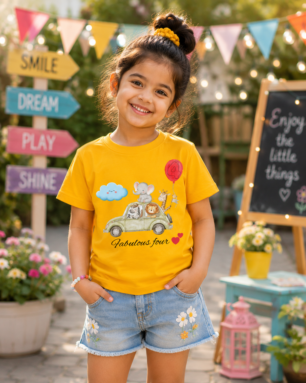 Fabulous Four cute animal graphic 4th birthday kids t-shirt in yellow by Little Scribbles