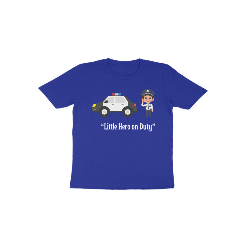 Royal blue Little Hero on Duty cute police car graphic t-shirt by Little Scribbles