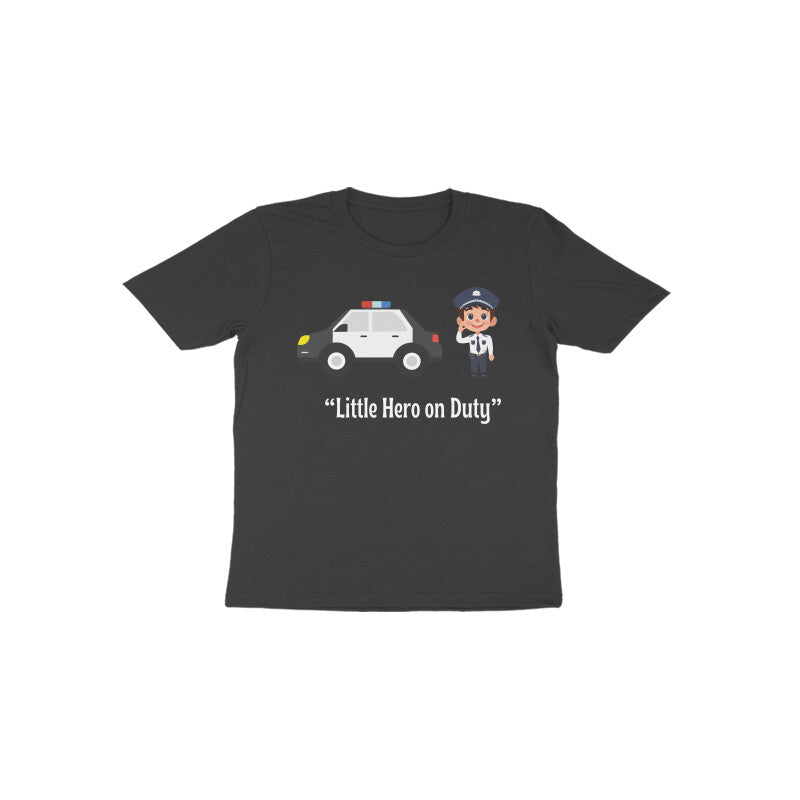 Black Little Hero on Duty bold graphic kids police theme t-shirt by Little Scribbles