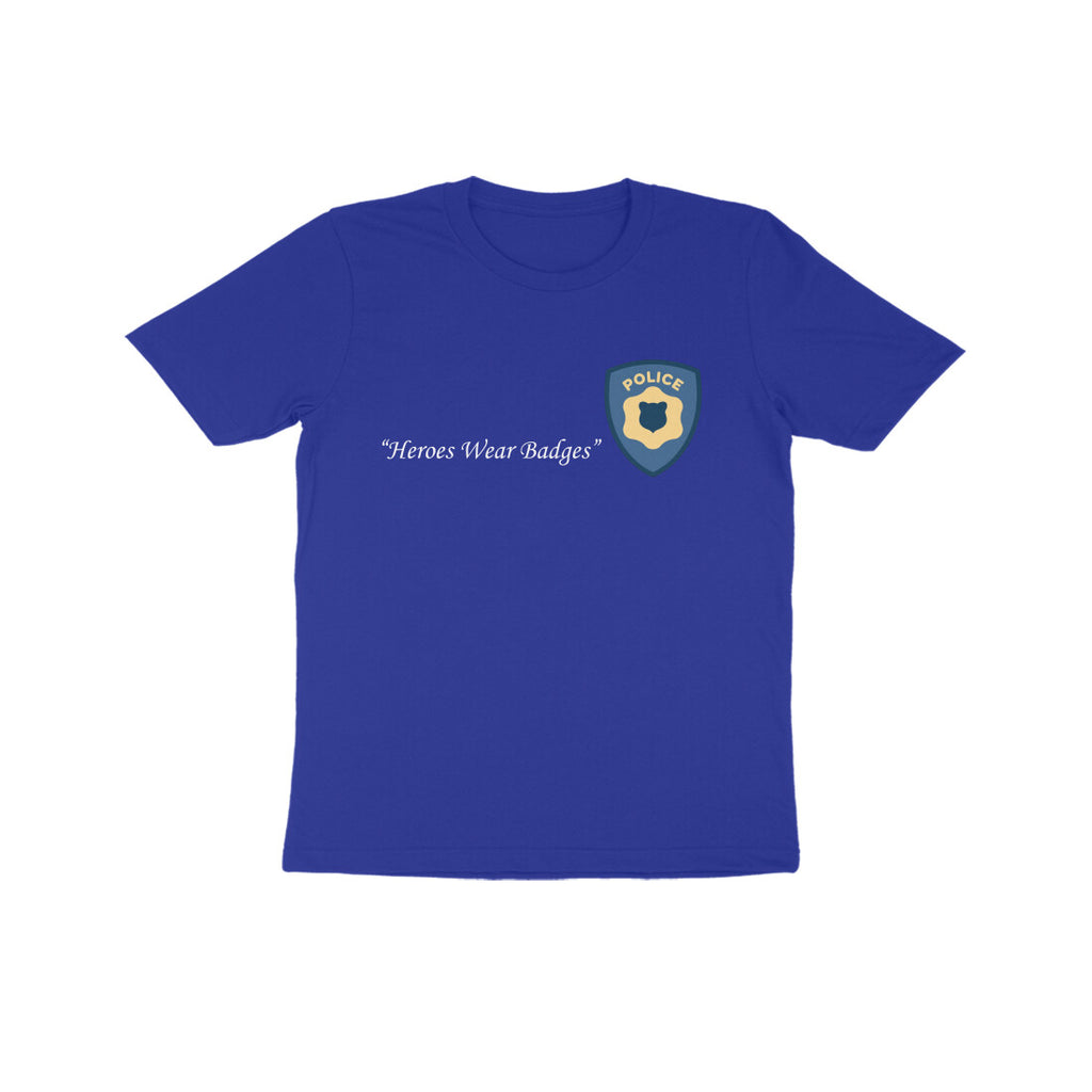 Royal blue Future Hero Police cool heroes wear badges graphic t-shirt by Little Scribbles