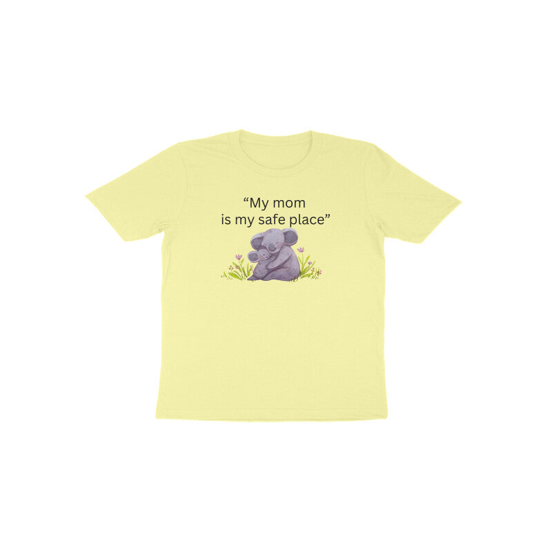 Butter yellow Mama’s Safe Place cute koala cuddle graphic t-shirt by Little Scribbles