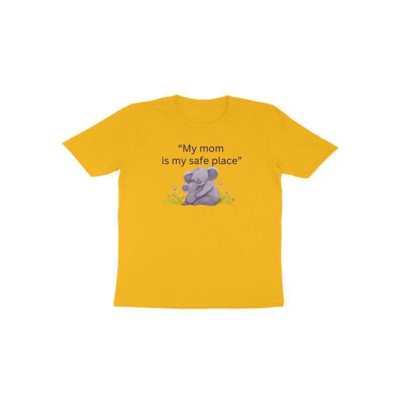 Golden yellow Mama’s Safe Place bright summer kids cotton graphic tee by Little Scribbles