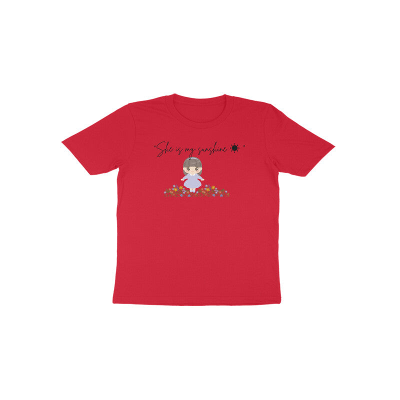 Red Sunshine Sparkle bright summer graphic kids cotton tee by Little Scribbles