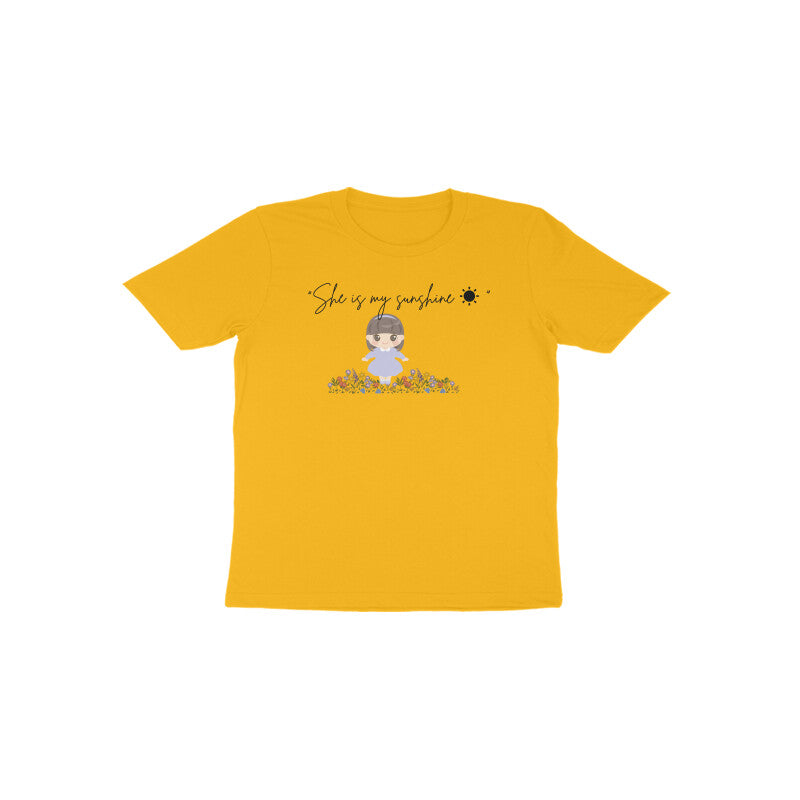 Golden yellow Sunshine Sparkle bright kids cotton graphic tee by Little Scribbles