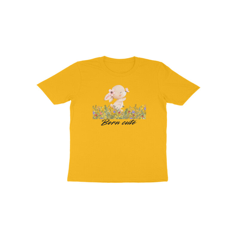 Golden yellow Born Cute Bunny bright kids cotton graphic shirt by Little Scribbles
