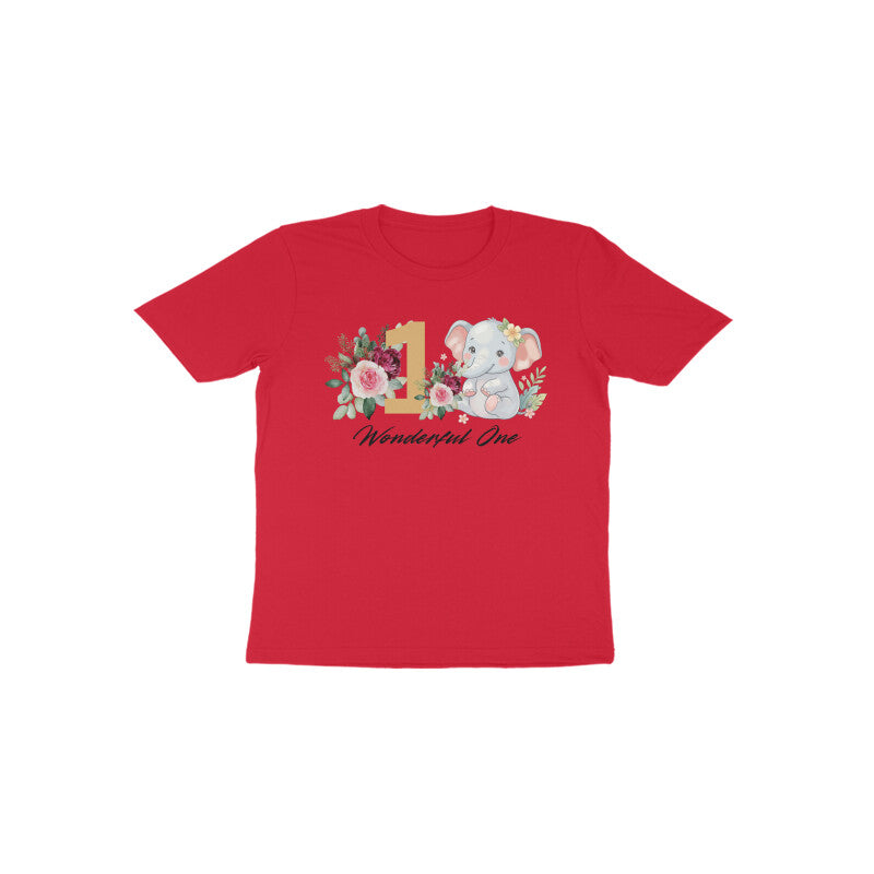 Red Wonderful One Elephant bright festive first birthday kids t-shirt by Little Scribbles