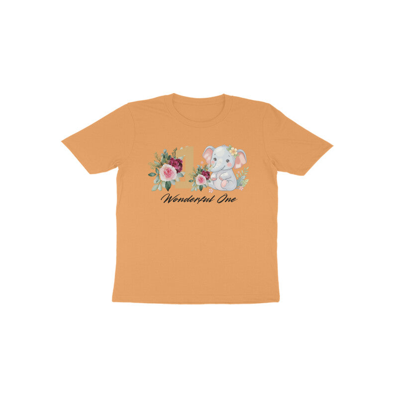 Mustard yellow Wonderful One Elephant warm tone first birthday baby girl tee by Little Scribbles