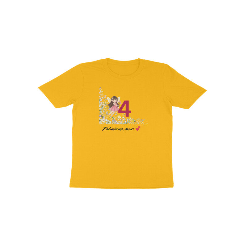 Golden yellow Fabulous Four bright fourth birthday party kids tee by Little Scribbles