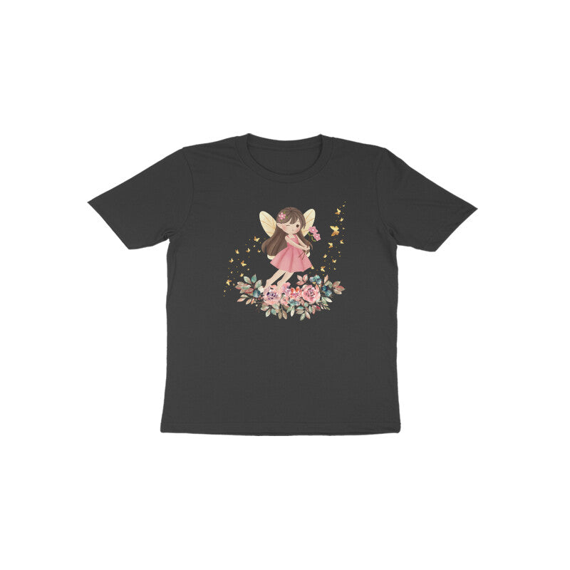 Black Fairy Blossom classic dark cotton kids graphic shirt by Little Scribbles