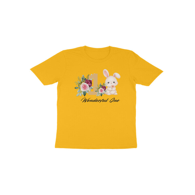 Golden yellow Wonderful One Bunny bright first birthday baby girl tee by Little Scribbles