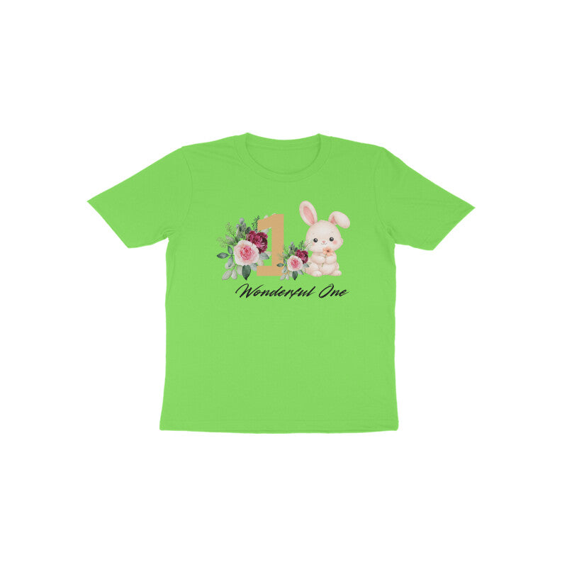 Liril green Wonderful One Bunny cheerful first birthday kids shirt by Little Scribbles