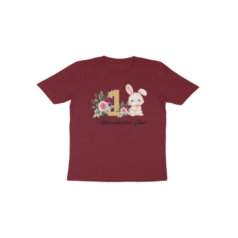 Maroon Wonderful One Bunny premium cotton 1st birthday girl t-shirt by Little Scribbles