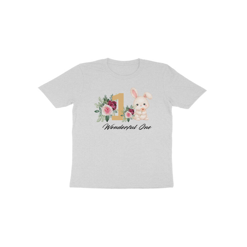 Grey Wonderful One Bunny casual milestone first birthday baby tee by Little Scribbles
