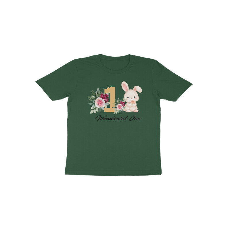 Olive green Wonderful One Bunny unique shade toddler birthday tee by Little Scribbles