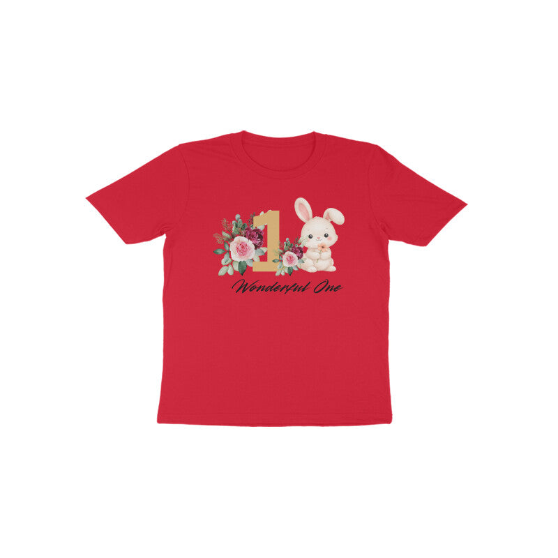 Red Wonderful One Bunny bright holiday first birthday kids t-shirt by Little Scribbles