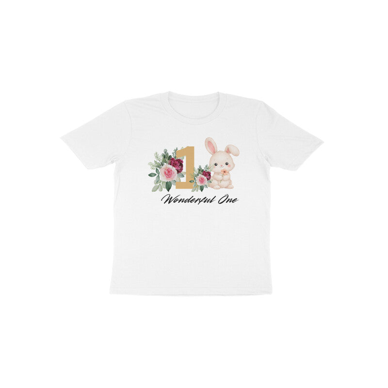White Wonderful One Bunny clean graphic 1st birthday baby girl tee by Little Scribbles