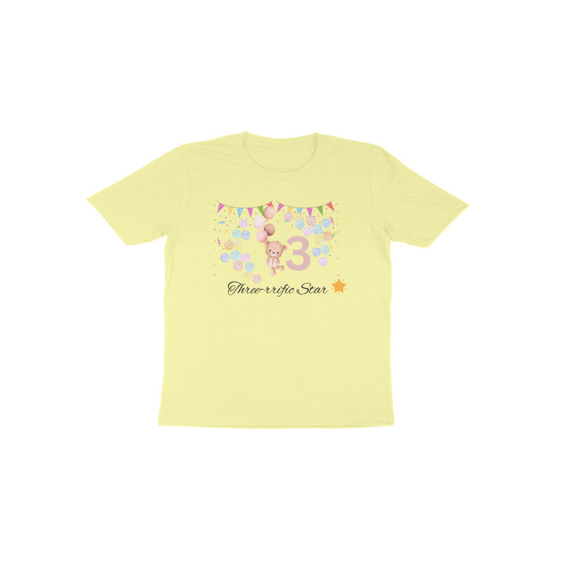 Butter yellow Three-rific Star pastel third birthday kids t-shirt by Little Scribbles