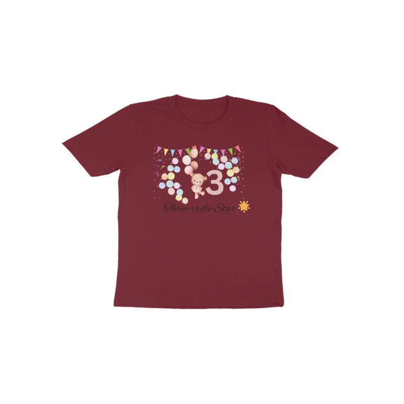 Maroon Three-rific Star premium cotton 3rd birthday girl tee by Little Scribbles