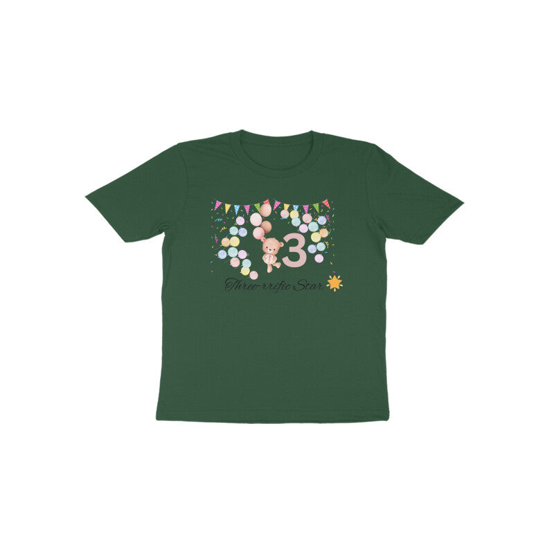 Olive green Three-rific Star milestone 3rd birthday kids t-shirt by Little Scribbles