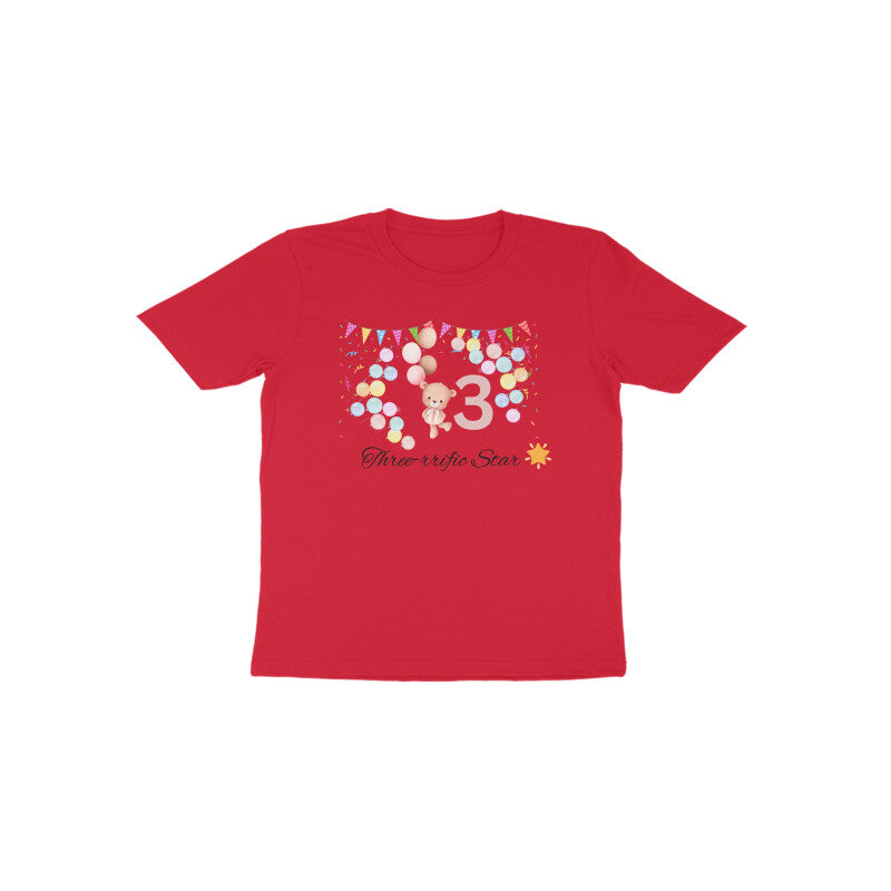 Red Three-rific Star bright festive third birthday girl shirt by Little Scribbles